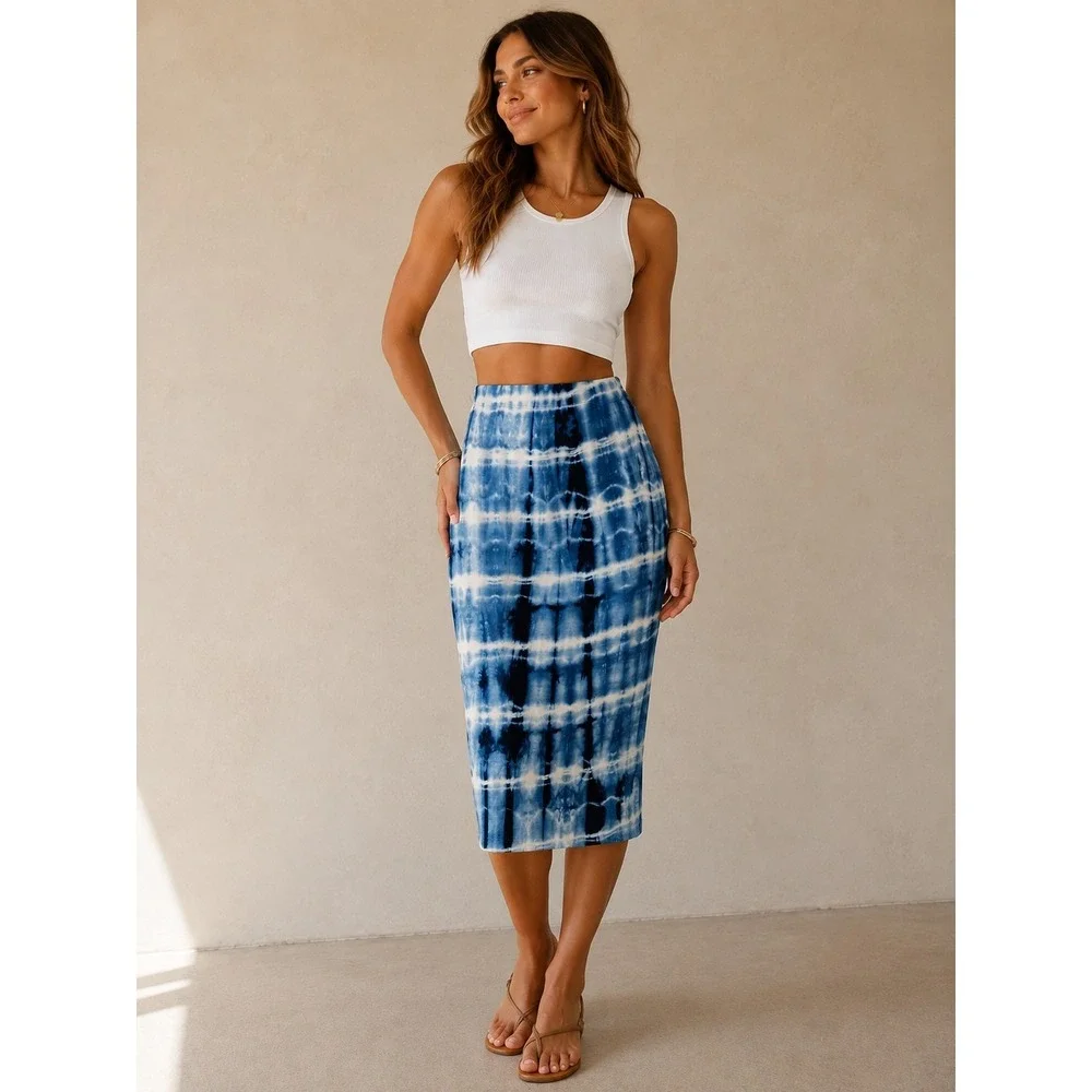 Karen Kane Pencil Skirt S Tie Dye Ombre Pattern Pull On Midi Stretch Lined NWOT